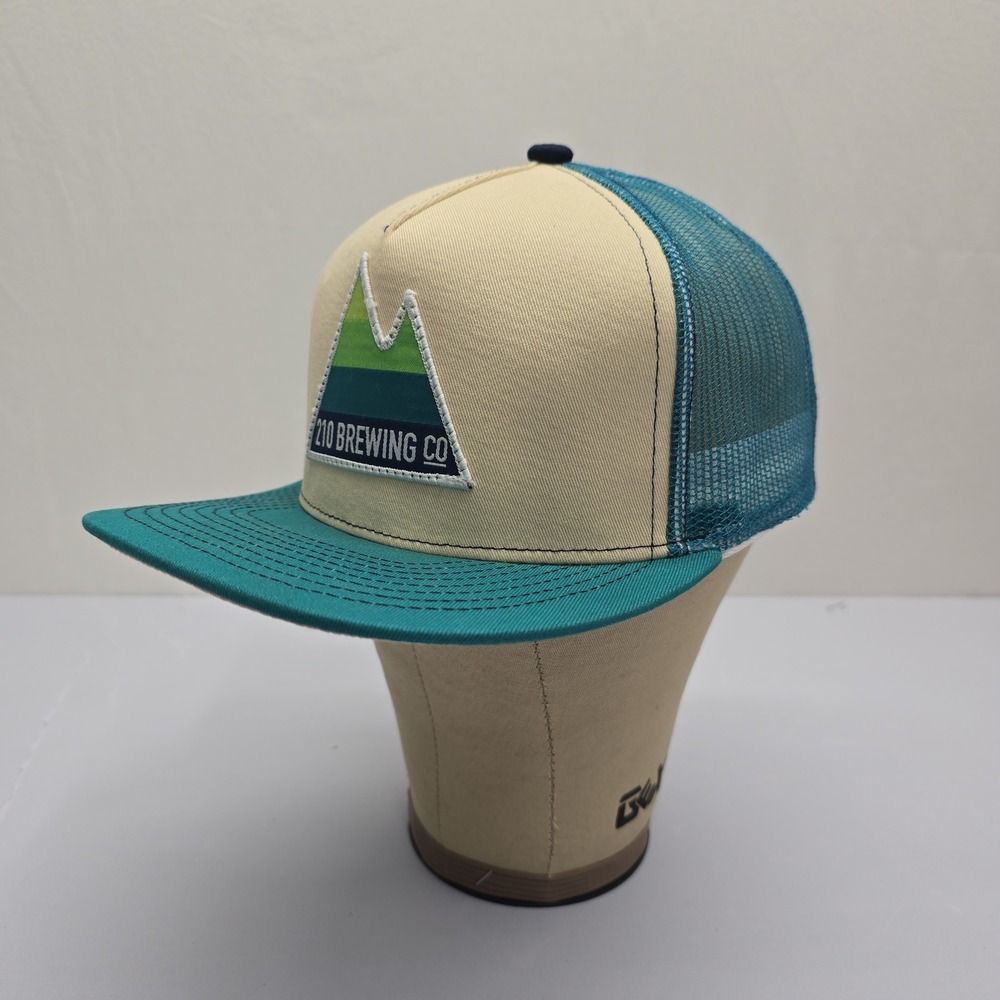 210 Brewing Co Mountain Patch Trucker Hat Teal Beige Snapback Mesh Cap